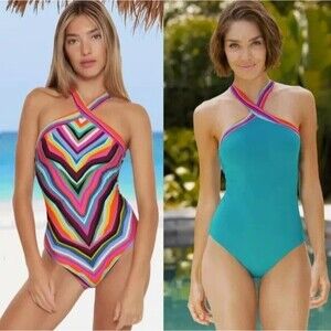 Trina Turk Louvre Stripe Reversible High Neck One Piece Swimsuit Size 10
